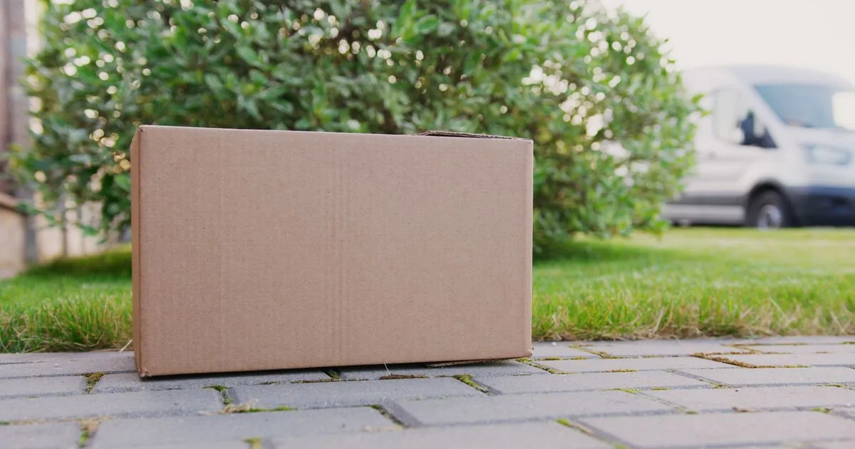 Paquete de un pedido de Amazon entregado frente a una vivienda, con la furgoneta de reparto al fondo